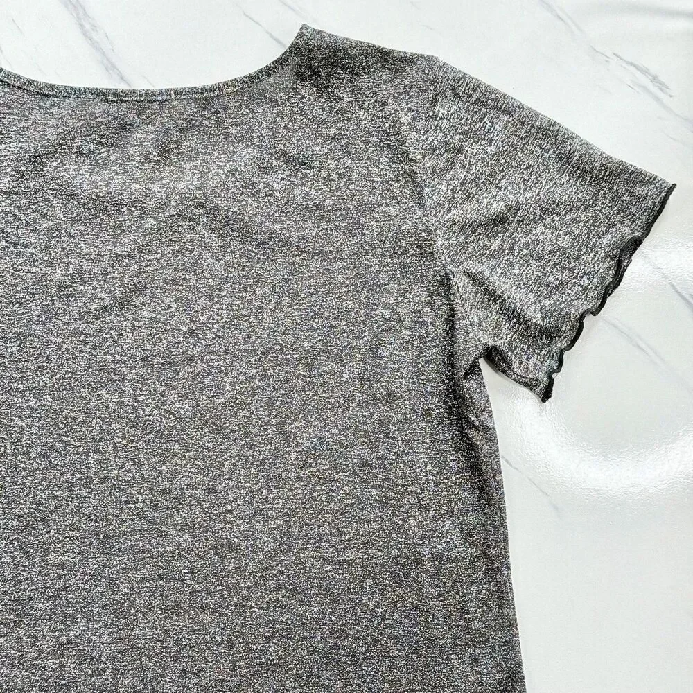 EUC Urban Outfitters Shimmer Y2K Baby T Silver Metallic Crop Top Lettuce Hem XL - Picture 7 of 13